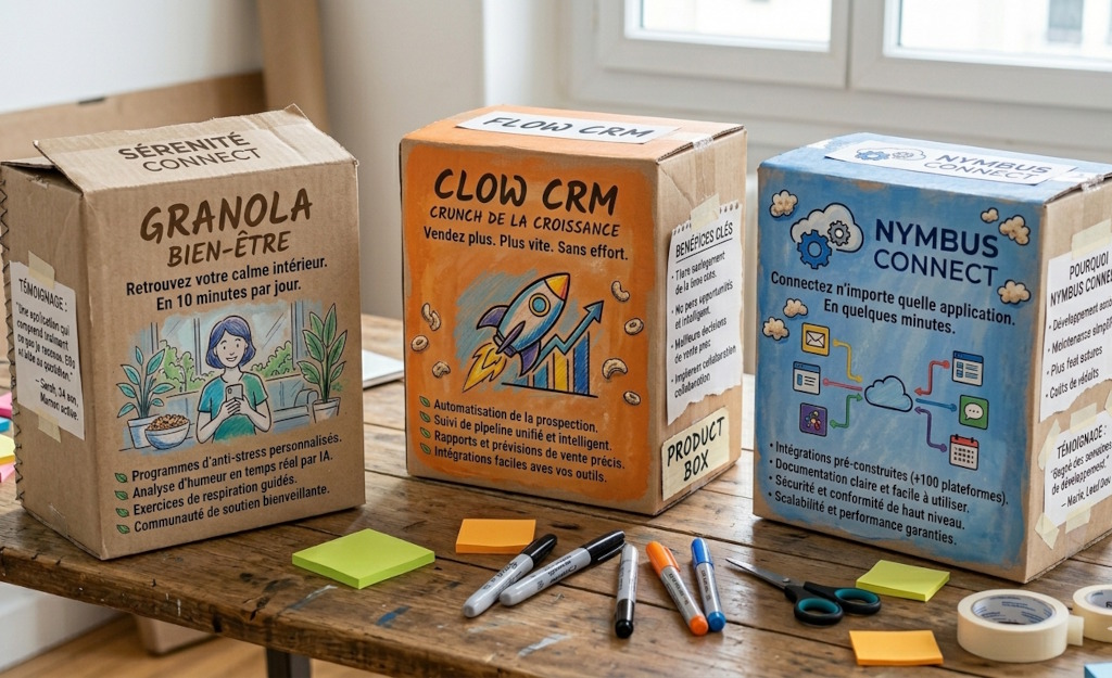 Exemple de Product Box : des boîtes de céréales réutilisées pour représenter un futur produit ou service