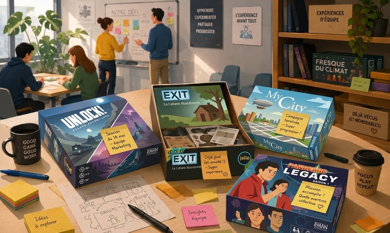 Illustration de jeux d'entreprise, certains intacts, d'autres transformés, symbolisant des expériences uniques.