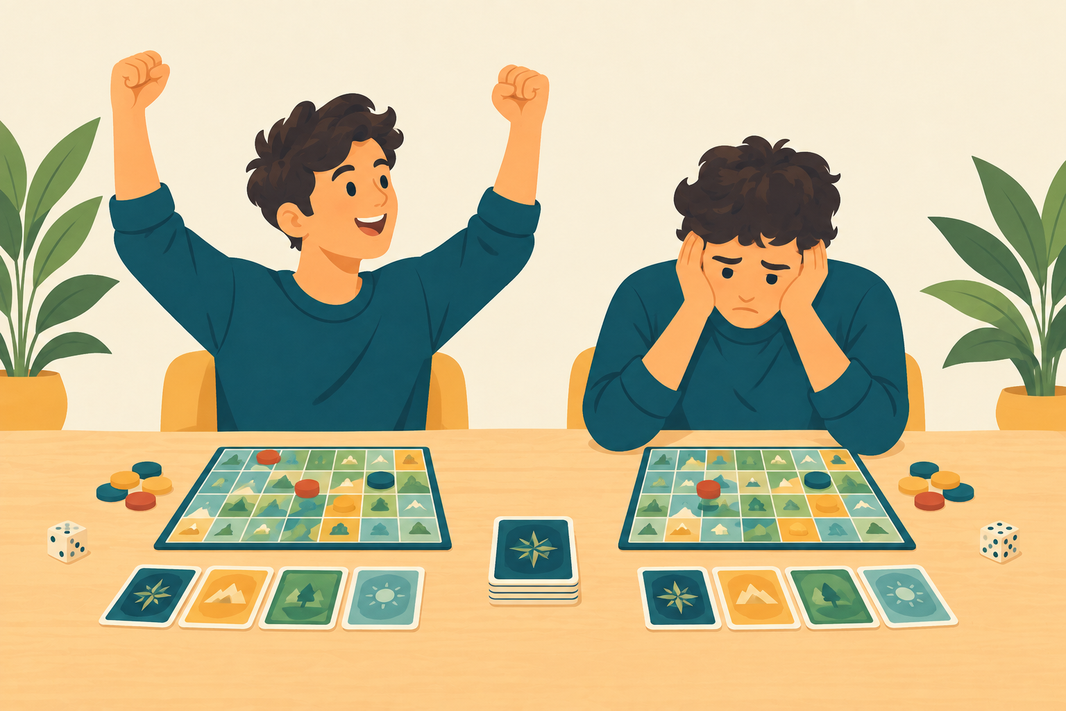 Schéma illustrant le concept de jeu en duplicate avec des éléments identiques pour chaque joueur. Schéma illustrant le concept de jeu en duplicate avec des éléments identiques pour chaque joueur.