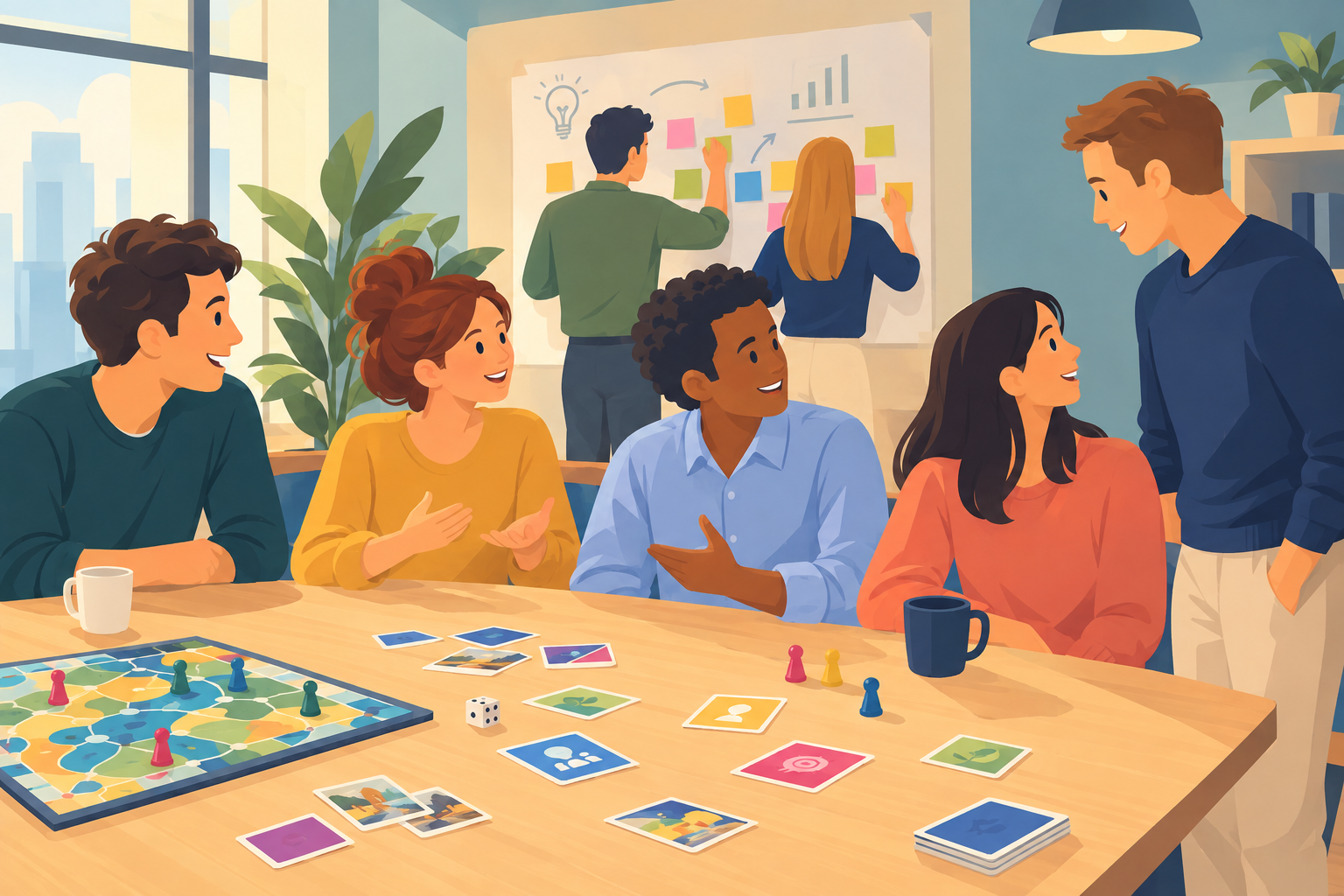 Une équipe debrief un jeu après y avoir joué. Le debrief n'est pas que oral pour être inclusif. Une équipe debrief un jeu après y avoir joué. Le debrief n'est pas que oral pour être inclusif.