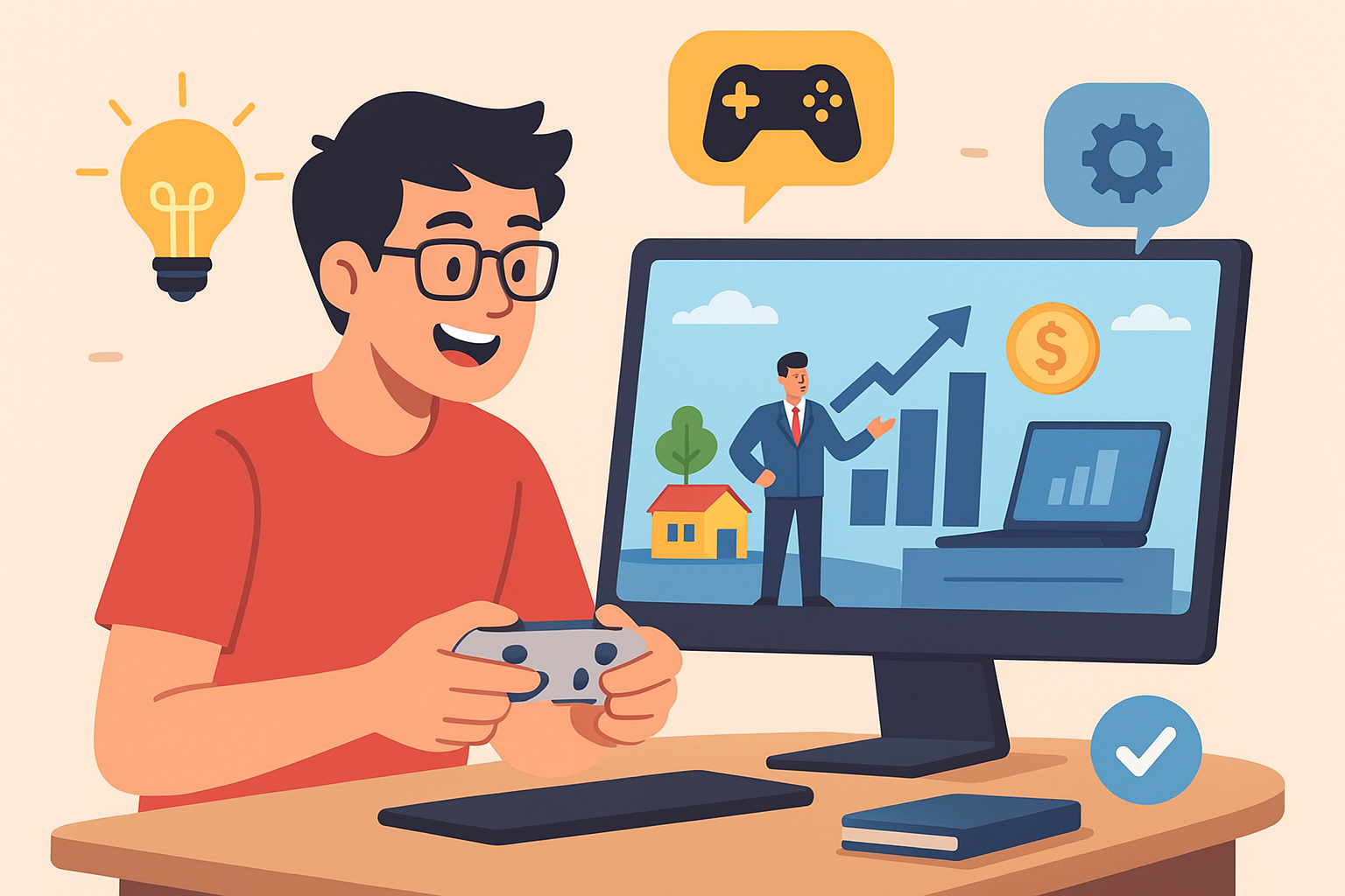 Un homme joue aux jeux vidéo mais on voit que c'est un jeu orienté business