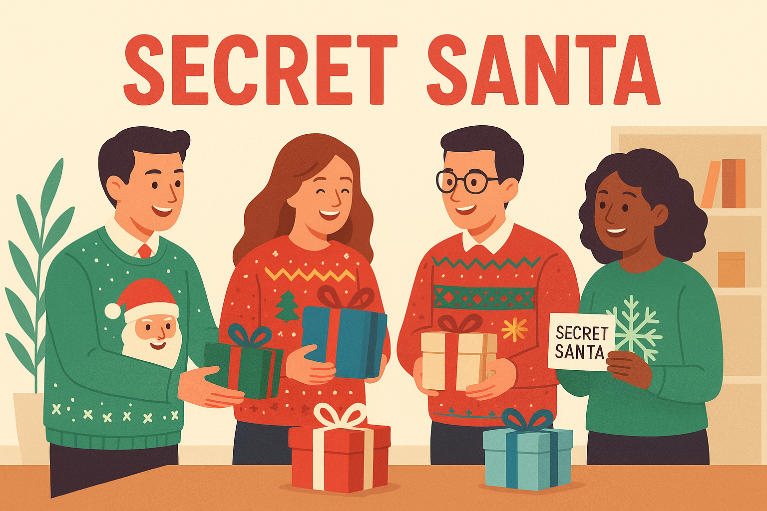 Une équipe en entreprise est réunie avec des pulls moches de noël pour s'offrir un secret santa Une équipe en entreprise est réunie avec des pulls moches de noël pour s'offrir un secret santa