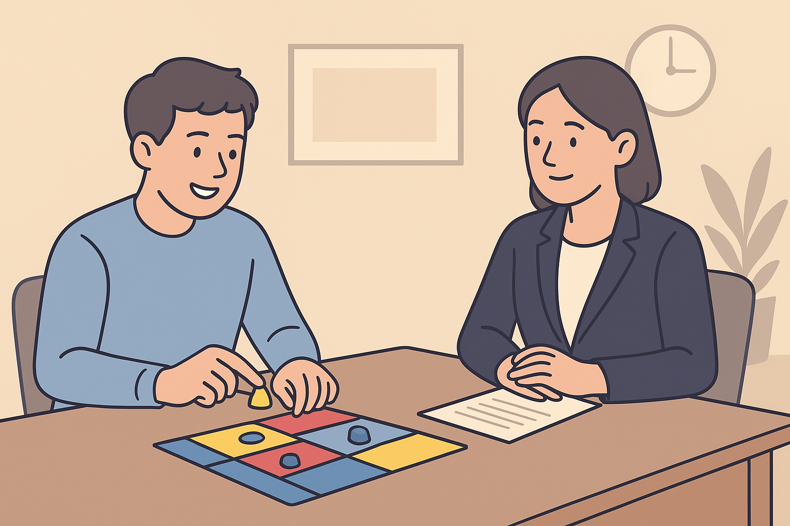 on voit un entretien d'embauche où le candidat joue à un jeu de société devant et avec la recruteuse