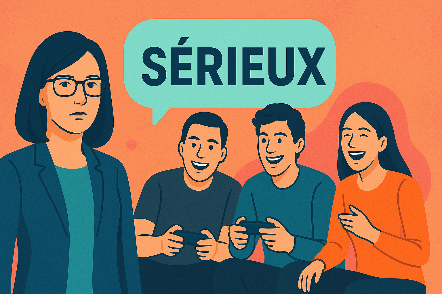 Une équipe jouent à un jeu en entreprise en souriant, la responsable dit "Serieux ???"
